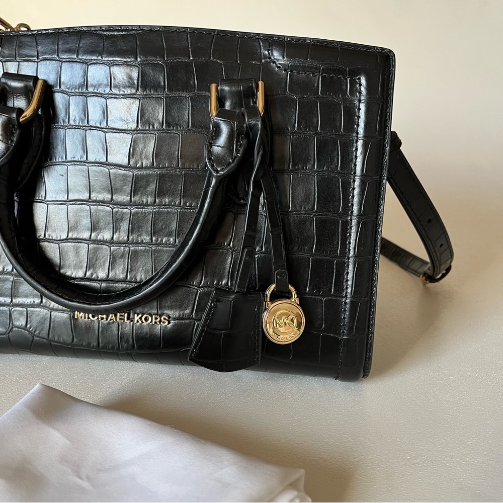 Michael Kors Zoe Crocodile Embossed Leather Satchel Bag Gold Hardware - Picture 2 of 11